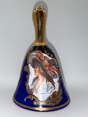 Vintage KP Made in Italy Cobalt Blue Enamel Bell Gold Victorian Lady